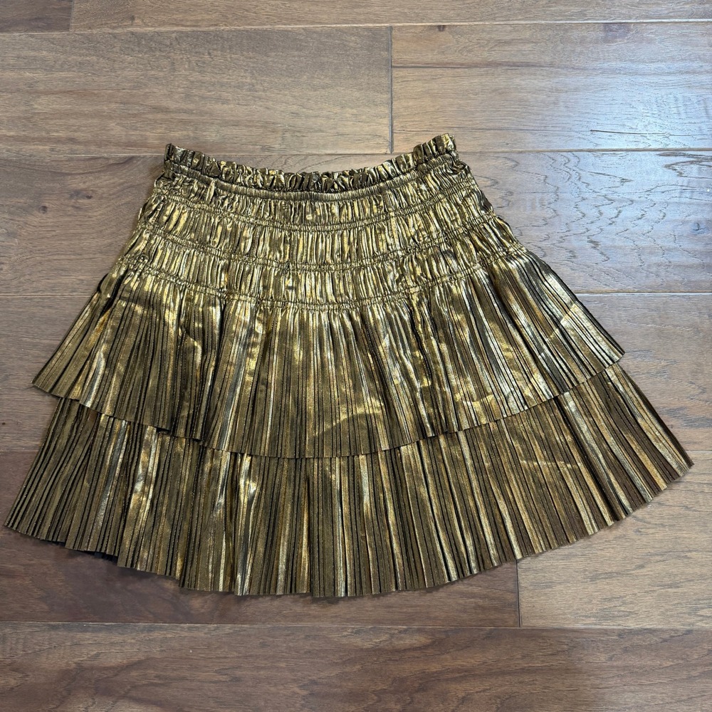 Current Air Gold‎ Metallic Pleated Tiered Mini Skirt Smocked Waist S